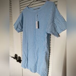 LA Relaxed Paradise Aqua Stripe Dress 70% Recycled Cotton 30% Linen Size Medium